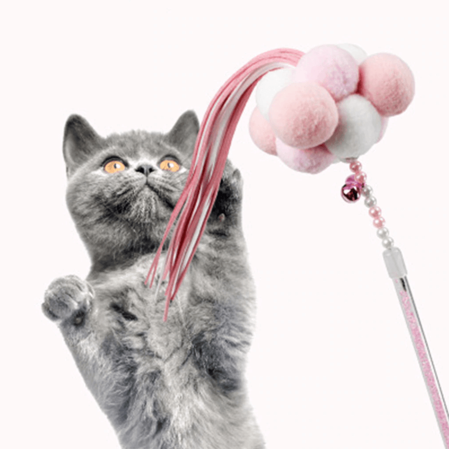 Cat Toys Crystal Wand Stick with Feather Tassel Cat Pom Pom Balls Built-in  Bell